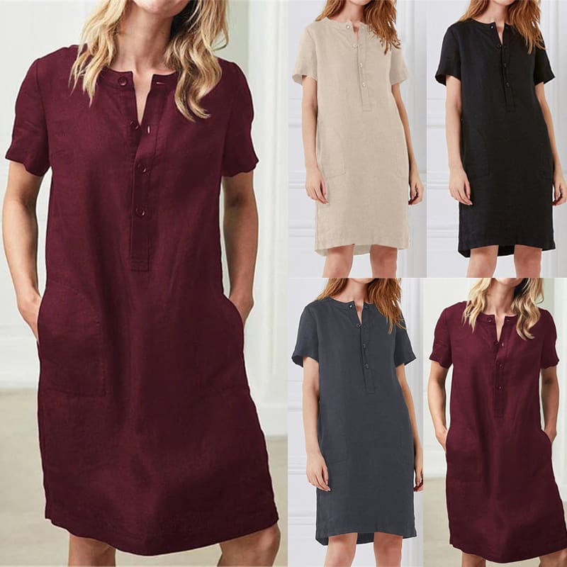 Plus Size Fashion Women Summer Solid O Neck Short Sleeve Cotton Linen Casual Pocket Loose T Shirt Top Women Maxi Dress Sundress