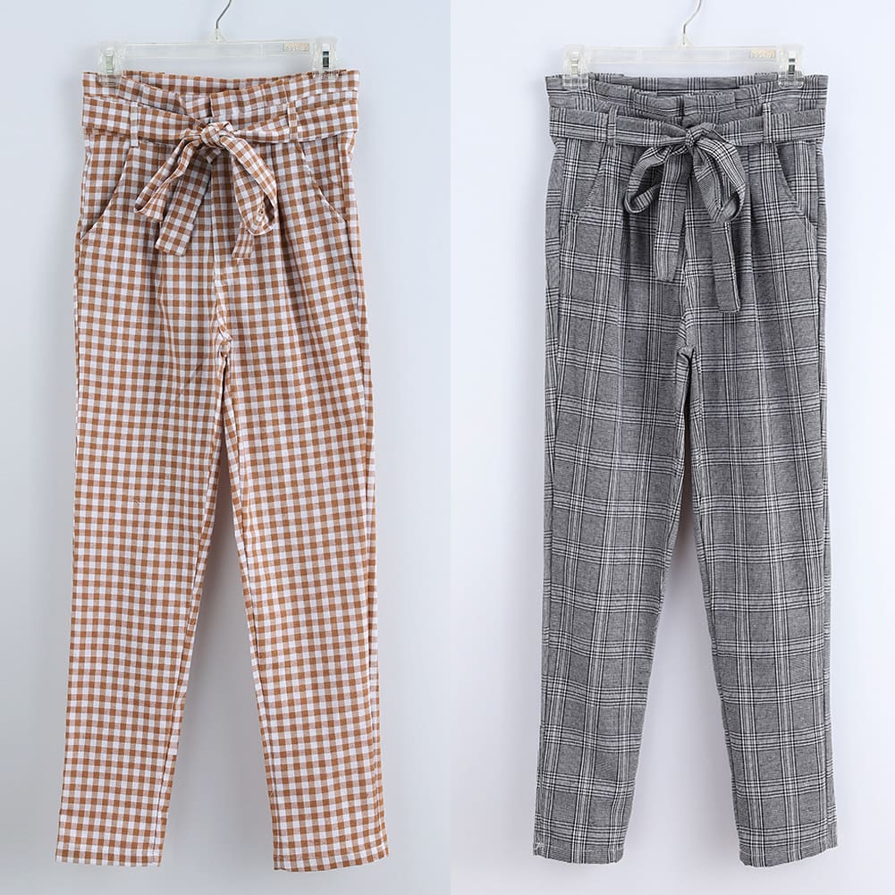 Plaid Harem Pants Women Casual Sweatpants Jogger Fashion Bandage Ruffle High Waist Ankle Length Pants Trousers