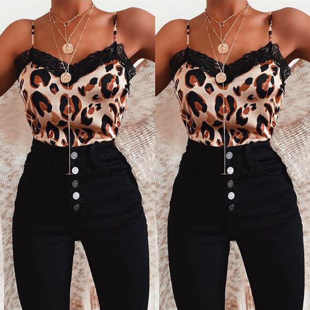 Women Casual V Neck Leopard Print Lace Camisole Ladies Summer Holiday Tank Vest Blouse Cami Crop Tops New