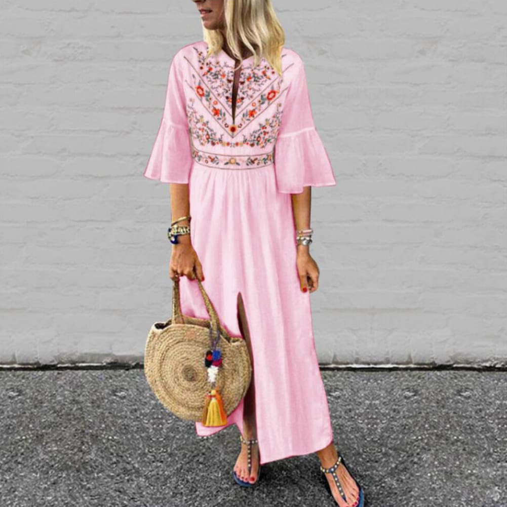 Vintage Women Fashion Boho Long Maxi Dress Summer Holiday Floral Ladies Casual Short Sleeve Loose Sundress