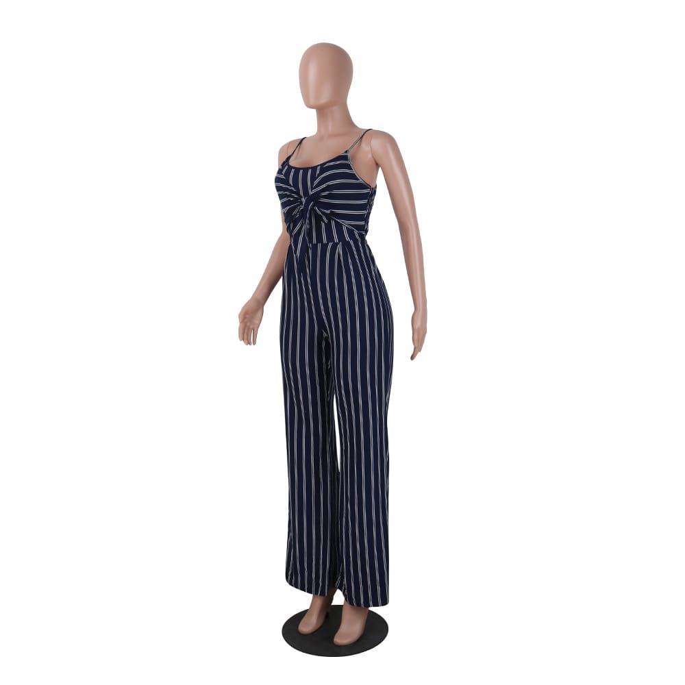 Summer Hot Bodycon Backless Stripe Jumpsuits Women Party Clubwear Jumpsuits Casual Bowtie Overalls Long Pant Trousers