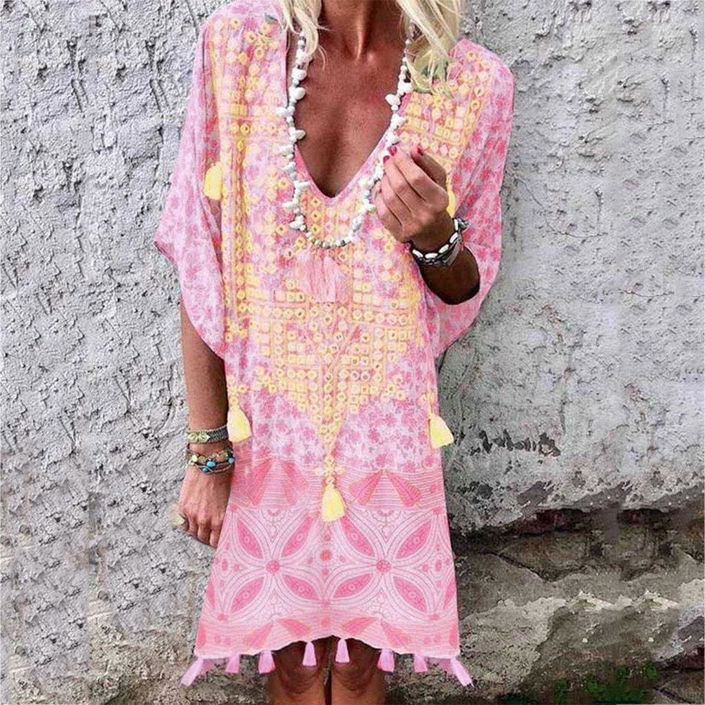 New Women Boho Short Sleeve Dress Summer Printed Beach Ladies Casual Loose Mini Shirt Beach Dress Sundress