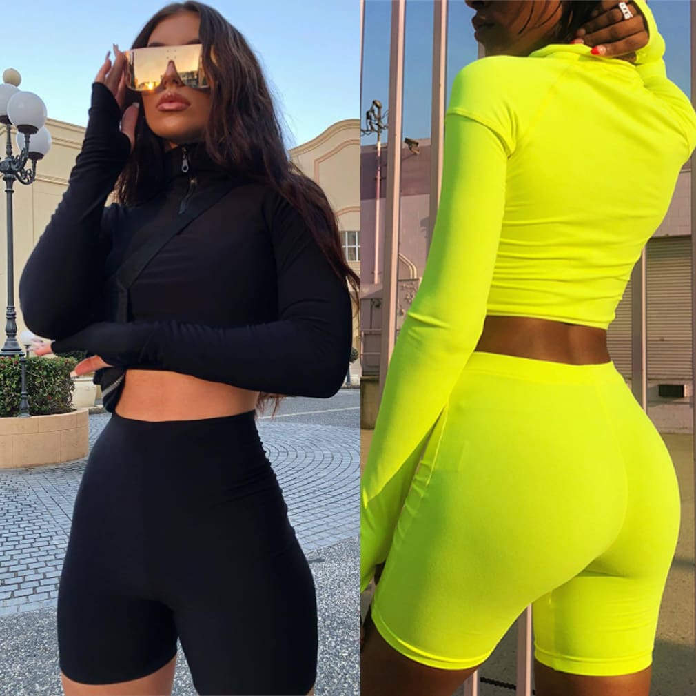 2PCS Womens Solid Stretchy Slim Crop Tops + Shorts Bodycon Casual Outfit Sportswear Workout Clothes Tracksuit