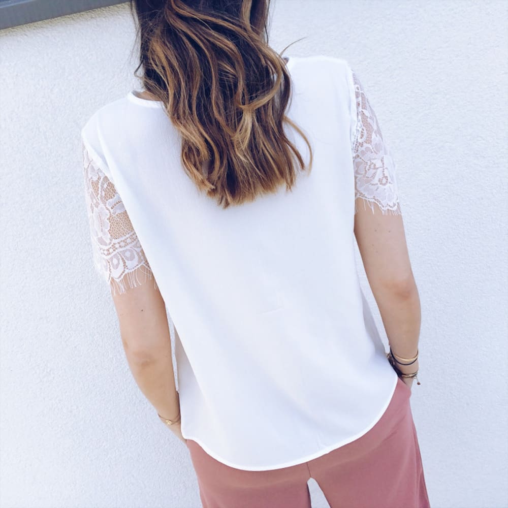 Fashion Women Ladies Short Lace Sleeve V-Neck Chiffon Shirts Summer Beach Solid Casual Party Tops Blouse Hot