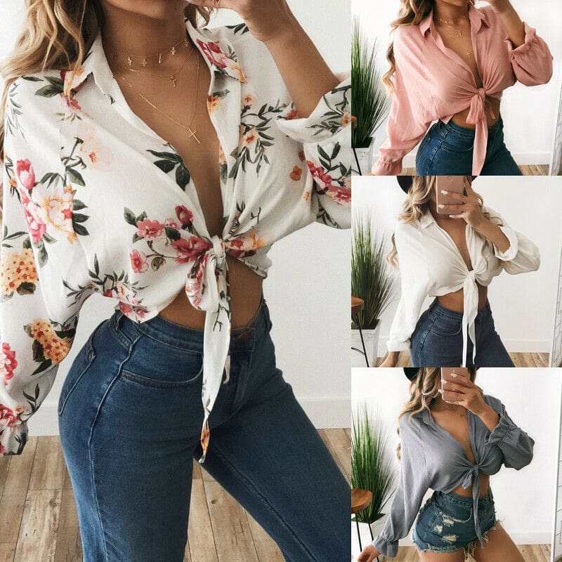 Summer Fashion Bohemian Sexy Women Tops Shirt Long Sleeve Strapless Belt Summer Floral Print Short Tops