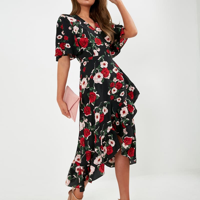 New Boho Women V Neck Floral Slit Dress Holiday Ladies Casual Short Sleeve Summer Long Maxi Wrap Sundress