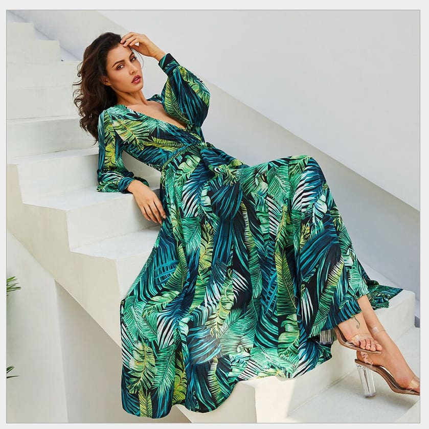 Vintage Women Boho Floral V-Neck Long Maxi Dress Summer Beach Elegant Ladies Casual Long Sleeve Holiday Party Sundress