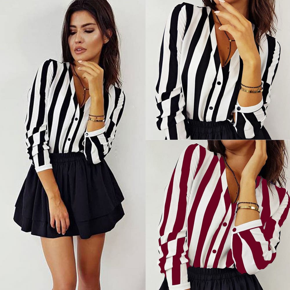 Women Ladies Long Sleeve V-neck Striped Casual Loose Slim Tops Shirt OL Ladies Plain Casual Button Blouse Hot