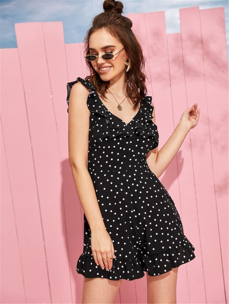 New Women Polka Dot Jumpsuit Fashion Ladies Boho Ruffle Backless Romper Holiday Summer Beach Casual Shorts Playsuit Trouser