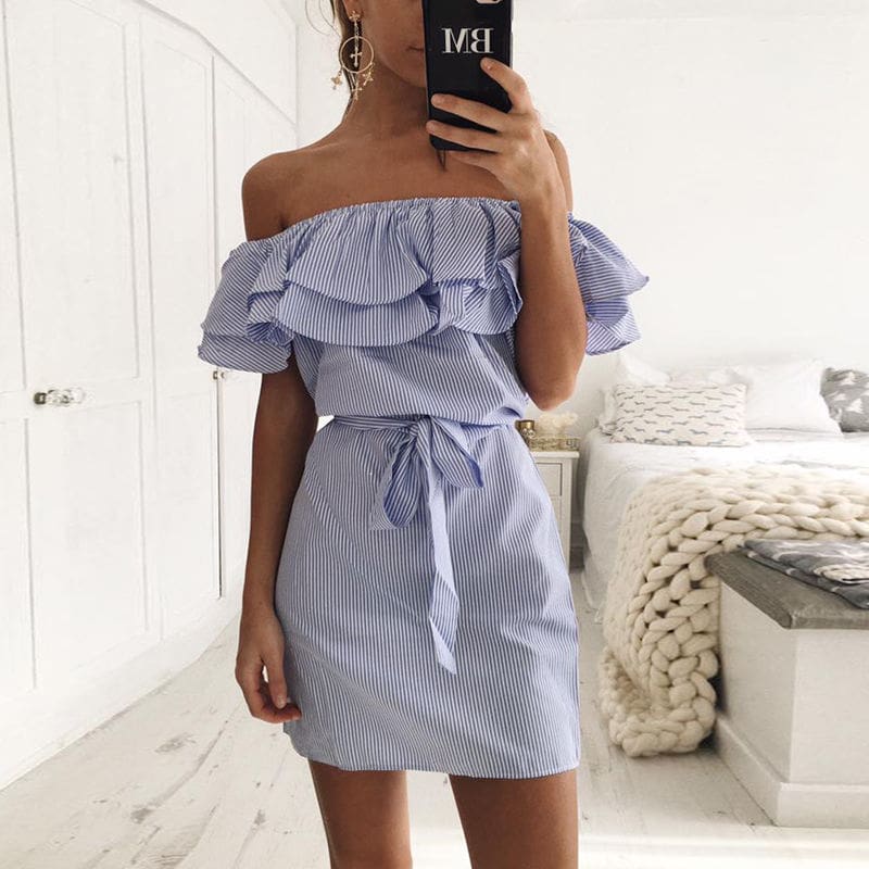 Cloth Striped Sashes Summer Dress Ruffle Collar Bandage Casual Dresses