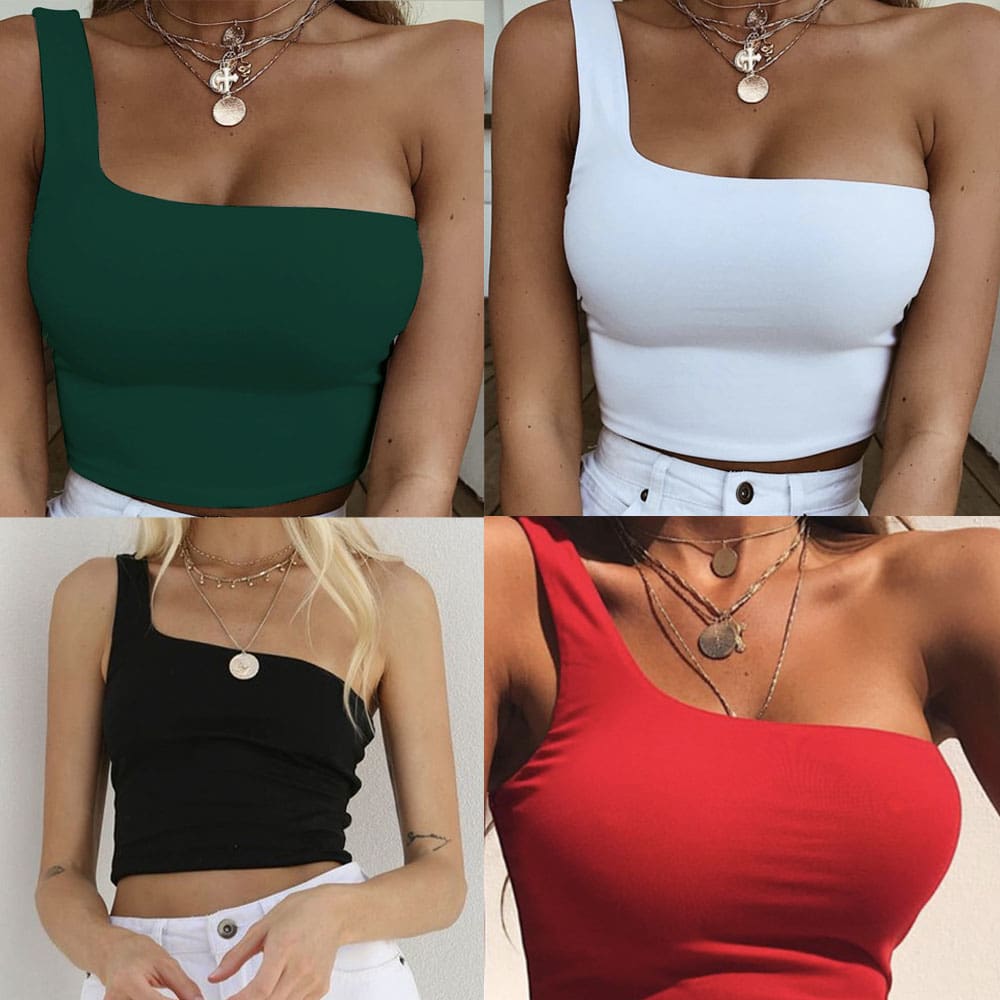 Women Ladies One Shoulder Crop Tops Sleeveless T-Shirt Tank Tops Summer Beach Vest Bare Midriff Summer Fashion Clothes