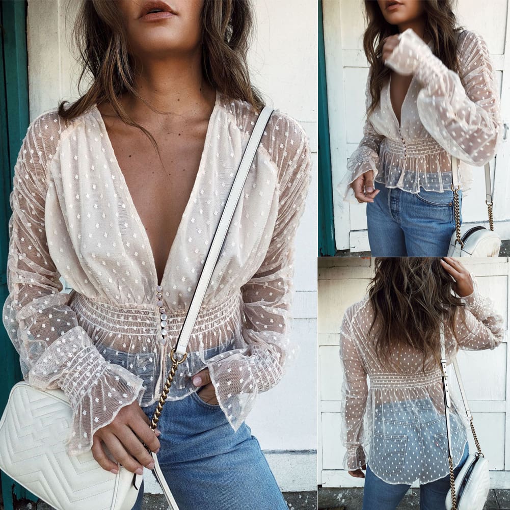 New Fashion Women Ladies Summer Mesh Sheer See-through Polka Dot Long Sleeve V-Neck Casual Crop Top Shirts Blouse New