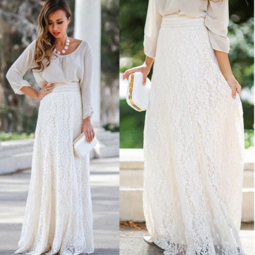 New Fashion Women High Waist Beach Skirt Stretchy Double Lace Layer Chiffon Maxi Casual Long Skirt Summer Beach Sundress