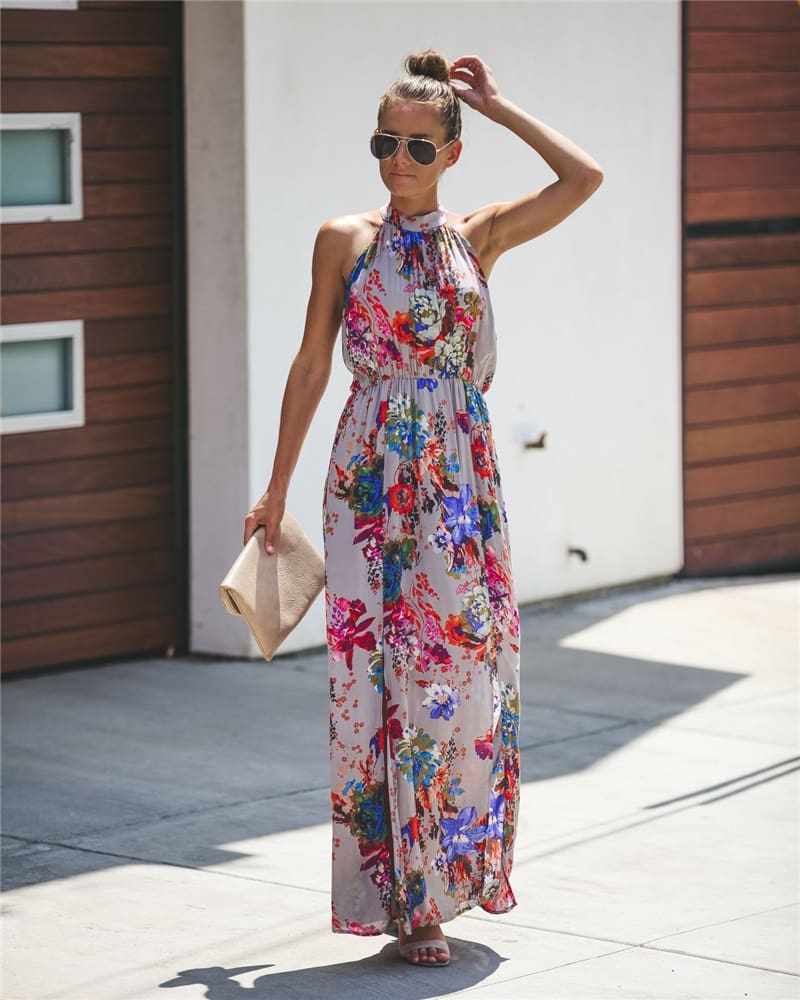 Halter Style Women Summer Floral Dress Casual Boho High Waist Long Maxi Holiday Party Sleeveless Loose Dress Clothes