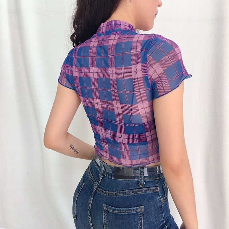 Fashion Summer Women Plaid Sheer Mesh Crop Tops Ladies Short Sleeve Sexy See-through Seamless Shirt Summer Clothes