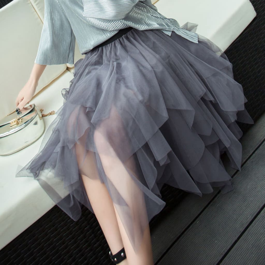 Women Irregular Mesh Tulle Tutu Skirt Elastic High Waist Female Prom Party Casual Layers Pleated Long Maxi Skirt