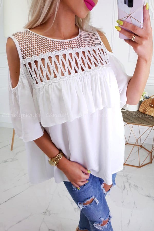 Summer Ladies Mesh Openwork Short Sleeve Tops Shirt Women Casual Loose Ruffled Off-Shoulder Blouse Shirt