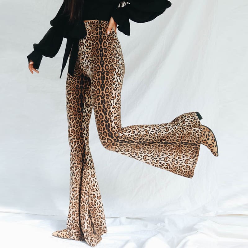 Women Flared Leopard Print Bell Bottom Loose Pants Ladies Bandage Casual Stretch High Waist Long Trousers New