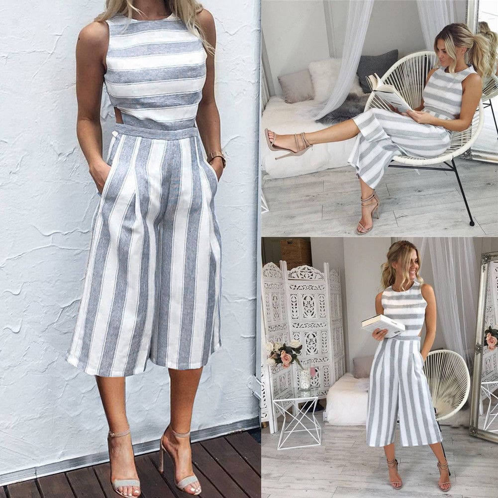 Hot Women Sleeveless Striped Wide Leg Jumpsuit Casual Clubwear Loose Wide Leg Pants Outfit Playsuit Overalls