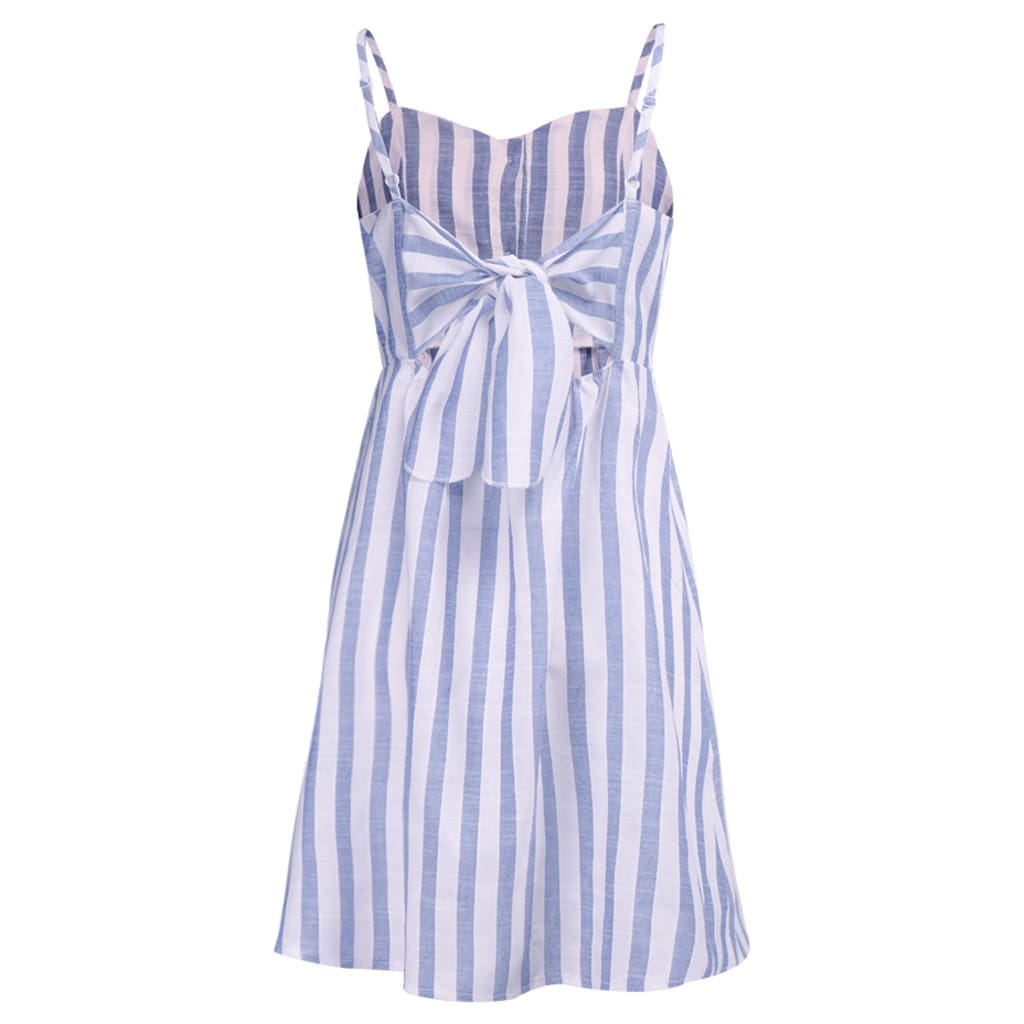 Women Strappy Off Shoulder Striped Bow Open Back Short Mini Dress