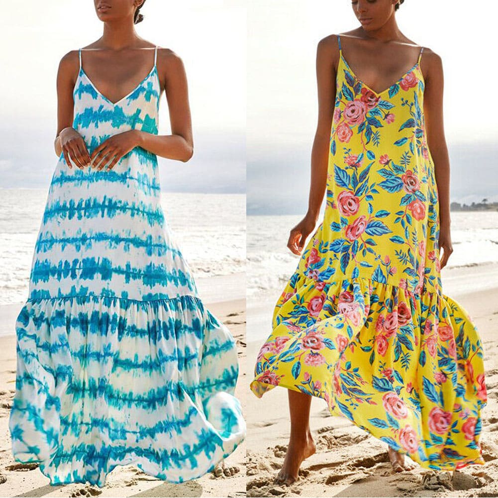 Fashion Beach Dress Women Holiday Sleeveless Loose Summer Beach Casual Floral Long Maxi Dress Sundress