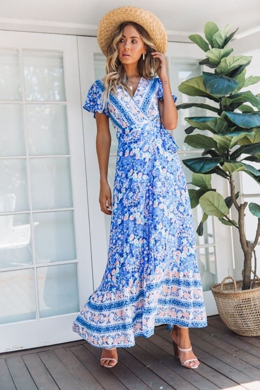 New Fashion Women Boho Floral Short Sleeve High Waist Midi Dress Summer V-Neck Beach Holiday Sundress