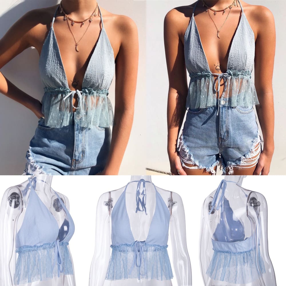 Summer Women Mesh Backless V Neck Lace Camisole Tank Vest Blouse Cami Casual Halter Bustier Bra Crop Tops