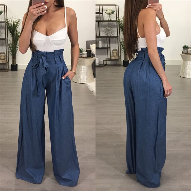 Fashion Women High Waist Ruffles OL Ladies Trouser Denim Look Wide Leg Drawstring Elastic Long Loose Casual Pants