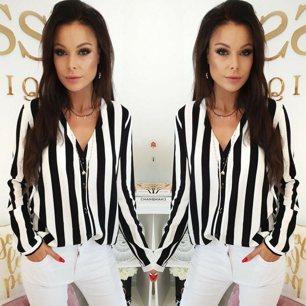 Women Ladies Long Sleeve V-neck Striped Casual Loose Slim Tops Shirt OL Ladies Plain Casual Button Blouse Hot