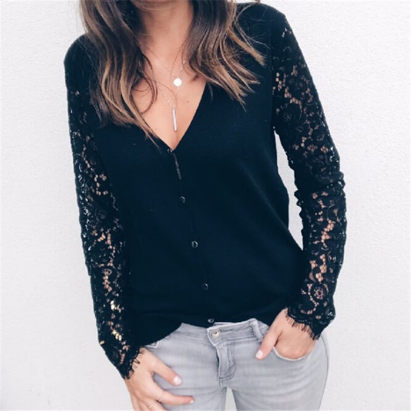 Women Blouses V Neck Blouse Floral Lace Long Sleeve Blouse Female Shirts Women Tops Blouses Black White Ladies Clothes