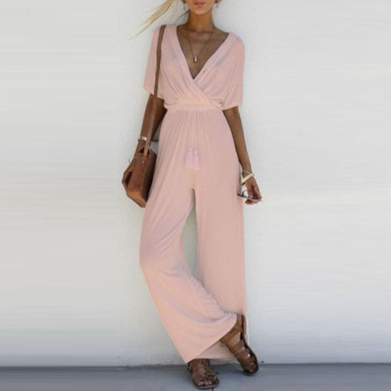 New Fashion Summer Casual Women V Neck Loose Playsuit Party Ladies Romper Solid Short Sleeve V Neck Long Jumpsuit