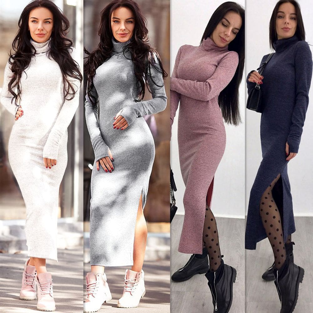 Knitted Bodycon Maxi Dress V Neck Long Sleeve Women Long Thin Dress