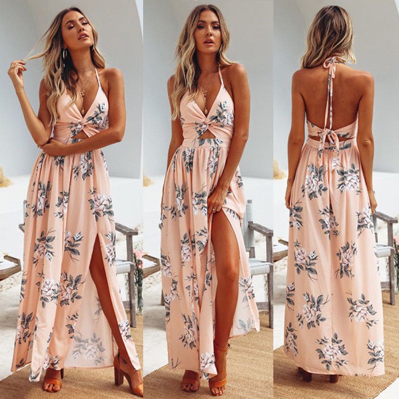 Womens Boho Maxi Long Dress Sundress Floral Halter Dress