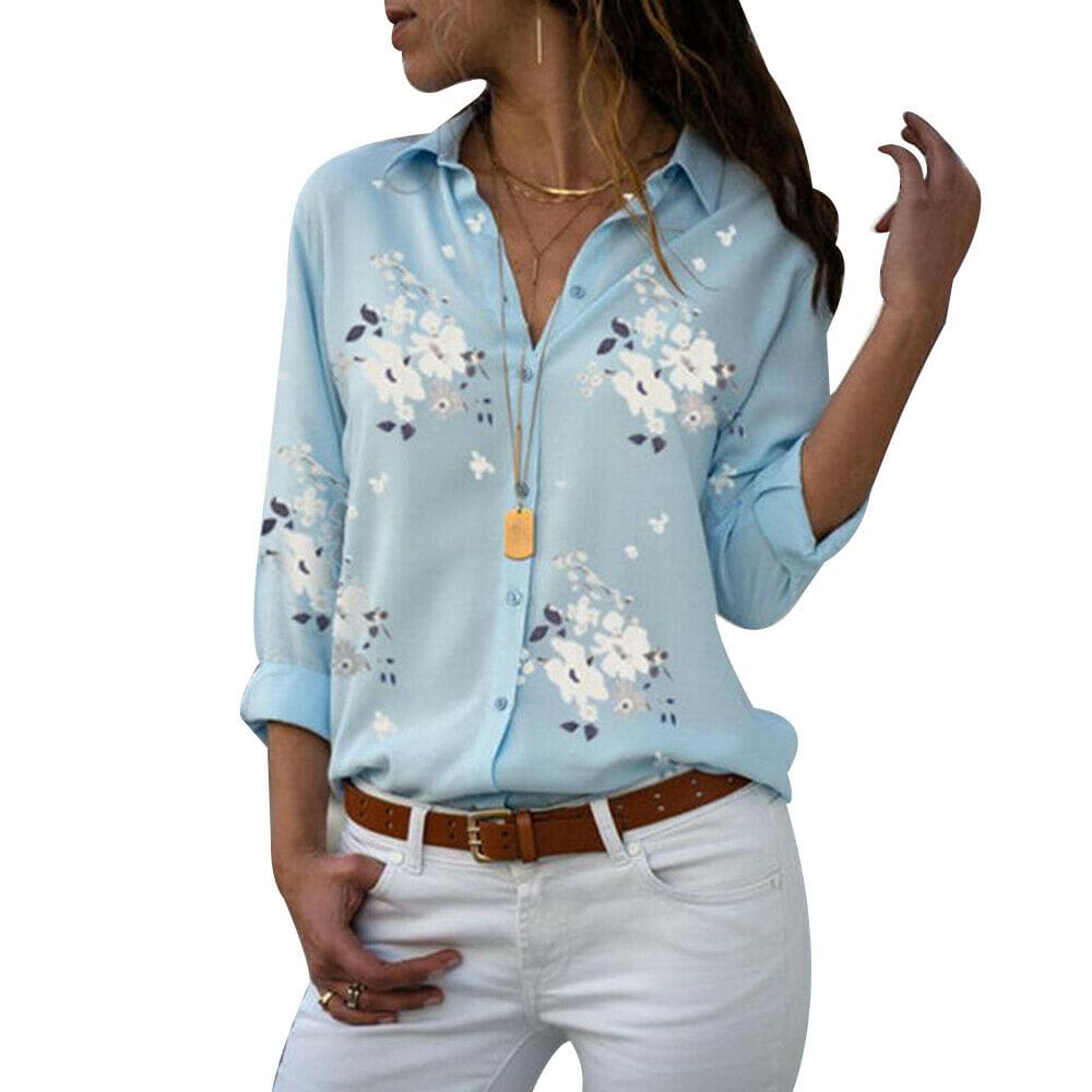 Plus Size Womens Summer Floral Long Sleeve Button V-Neck Shirts Ladies Casual Loose Office Work Blouse Tops