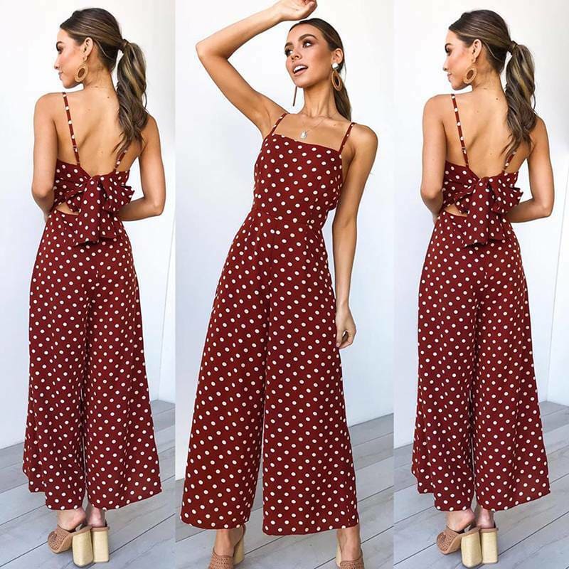 Elegant Sexy Jumpsuits Women Sleeveless Polka Dots Loose Trousers Wide Leg Pants Rompers