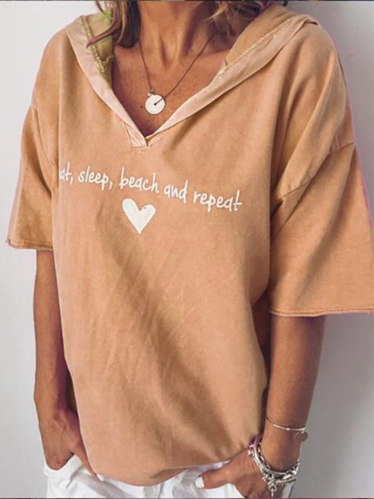 New Fashion T Shirt Summer Women Heart Printed Loose Tops Ladies Casual Short Sleeve V Neck Pullover Hooded Tee Outwear