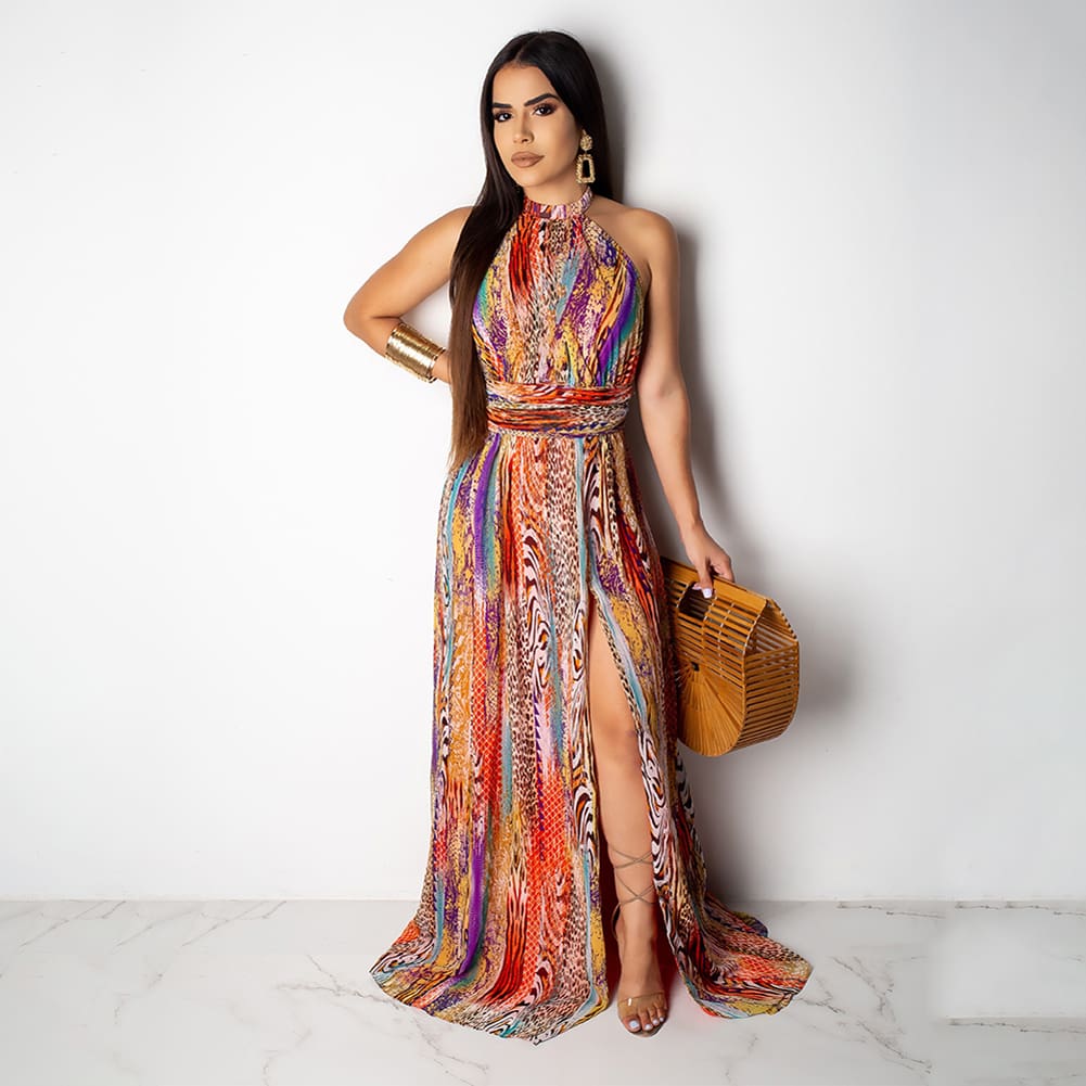 Boho Women Maxi Dress Ladies Casual Sleeveless Halter Neck Floral Fashion Summer Beach Party Long Sundress