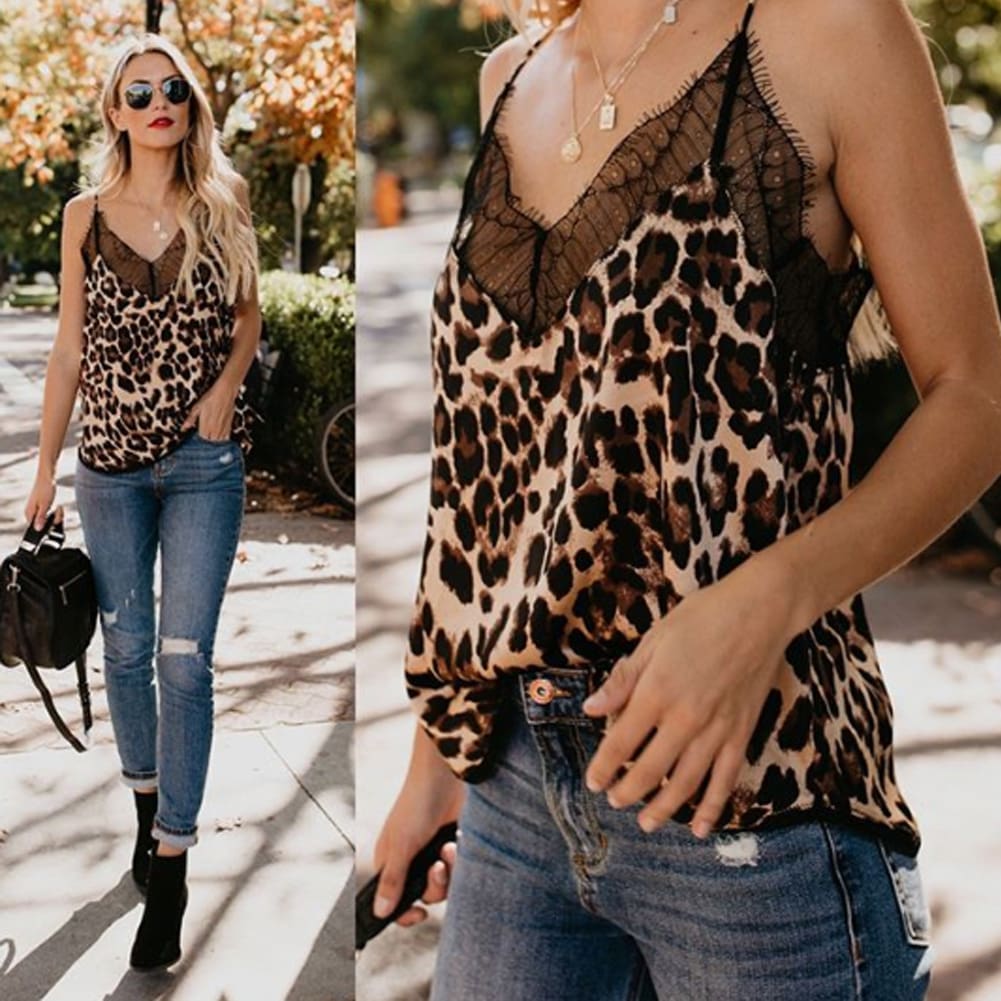 New Fashion Womens Summer Tops Lace Leopard Patchwork Crop Tank Tops