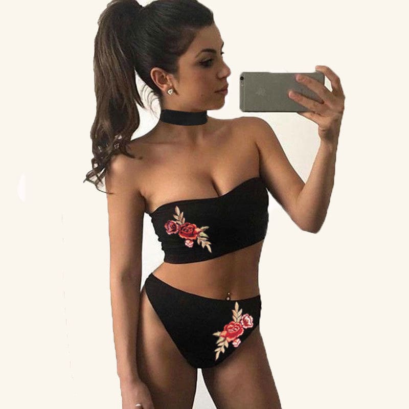 Two-Pieces Women Floral Sexy Strapless Push-up Padded Bra High Waist Bandage Bikini Set Swimsuit Swimwear Bathing Suit Beachwear