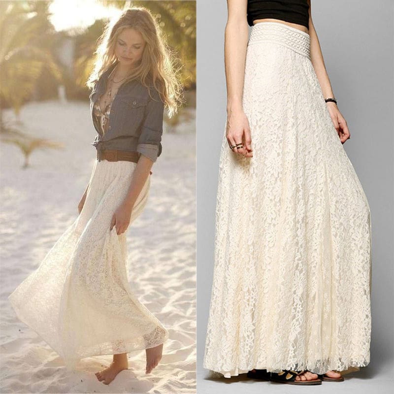 New Fashion Women High Waist Beach Skirt Stretchy Double Lace Layer Chiffon Maxi Casual Long Skirt Summer Beach Sundress