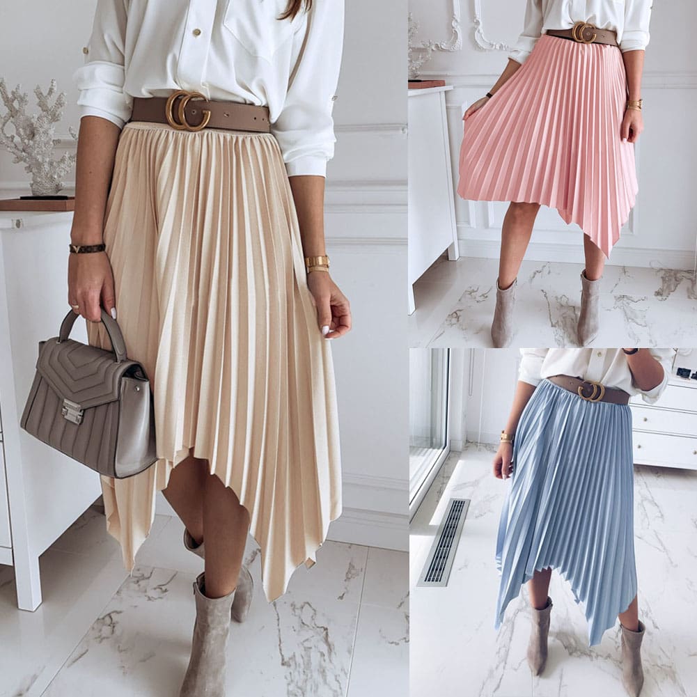 Women Pleated Skirt Elastic High Waist Solid Color Midi A-line Skirt Casual Summer Beach Swing Midi Sundress