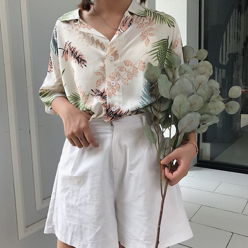 New Women Summer Casual Loose Half Sleeve Blouse Fashion Ladies Leaf Printed Tops Lapel Shirts Beach Holiday Tops