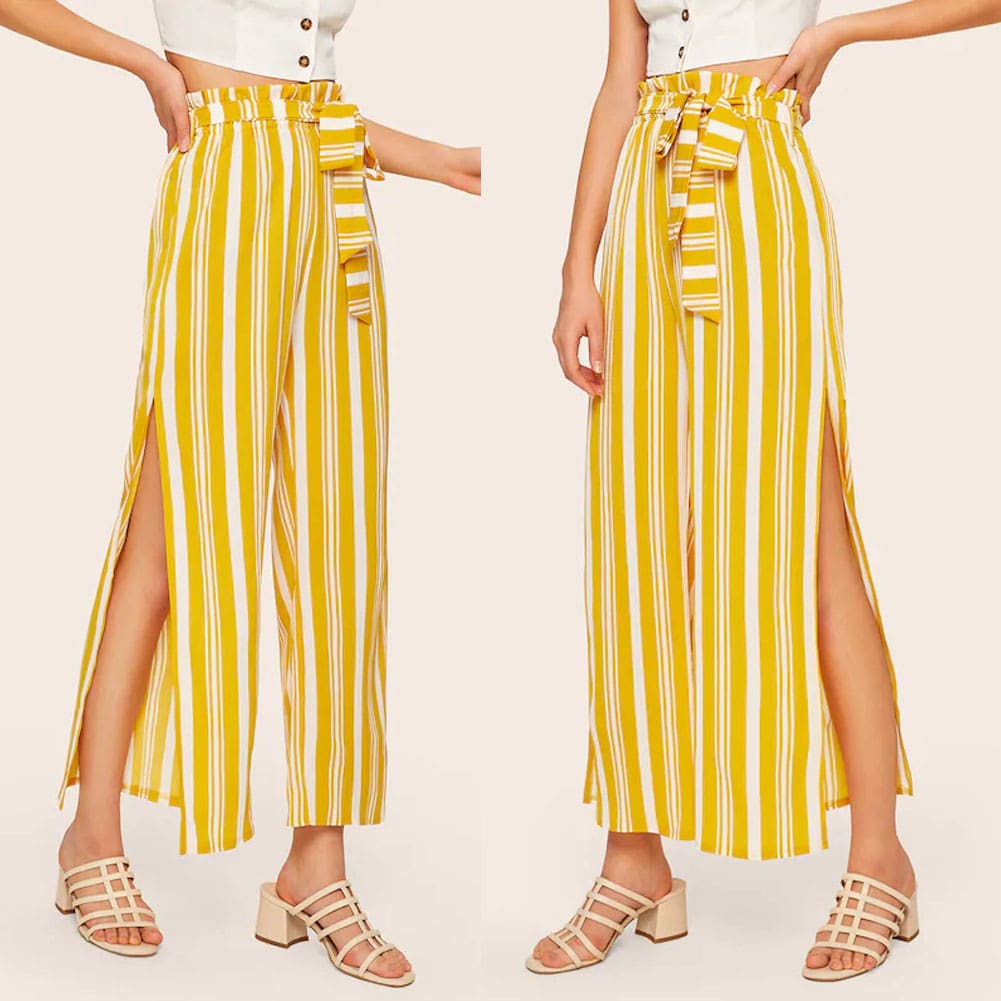 Women Loose Stripe Slit Boho Beach Harem Wide Leg Casual Pants Ladies Fashion High Waist Palazzo Trousers