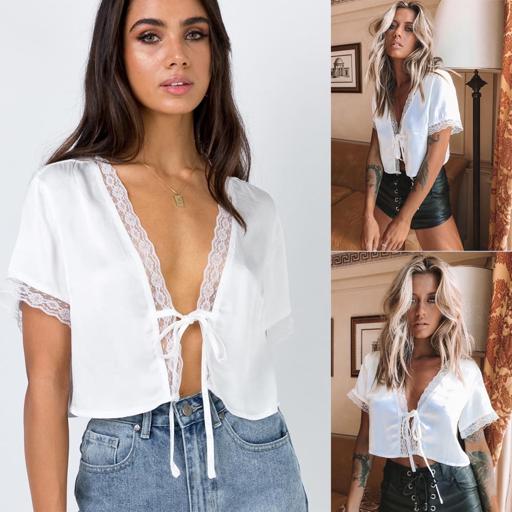 New Fashion Womens Lace Silk Satin Short Sleeve White Casual Crop Top Shirts Summer Sexy Ladies Blouses Tee Tops