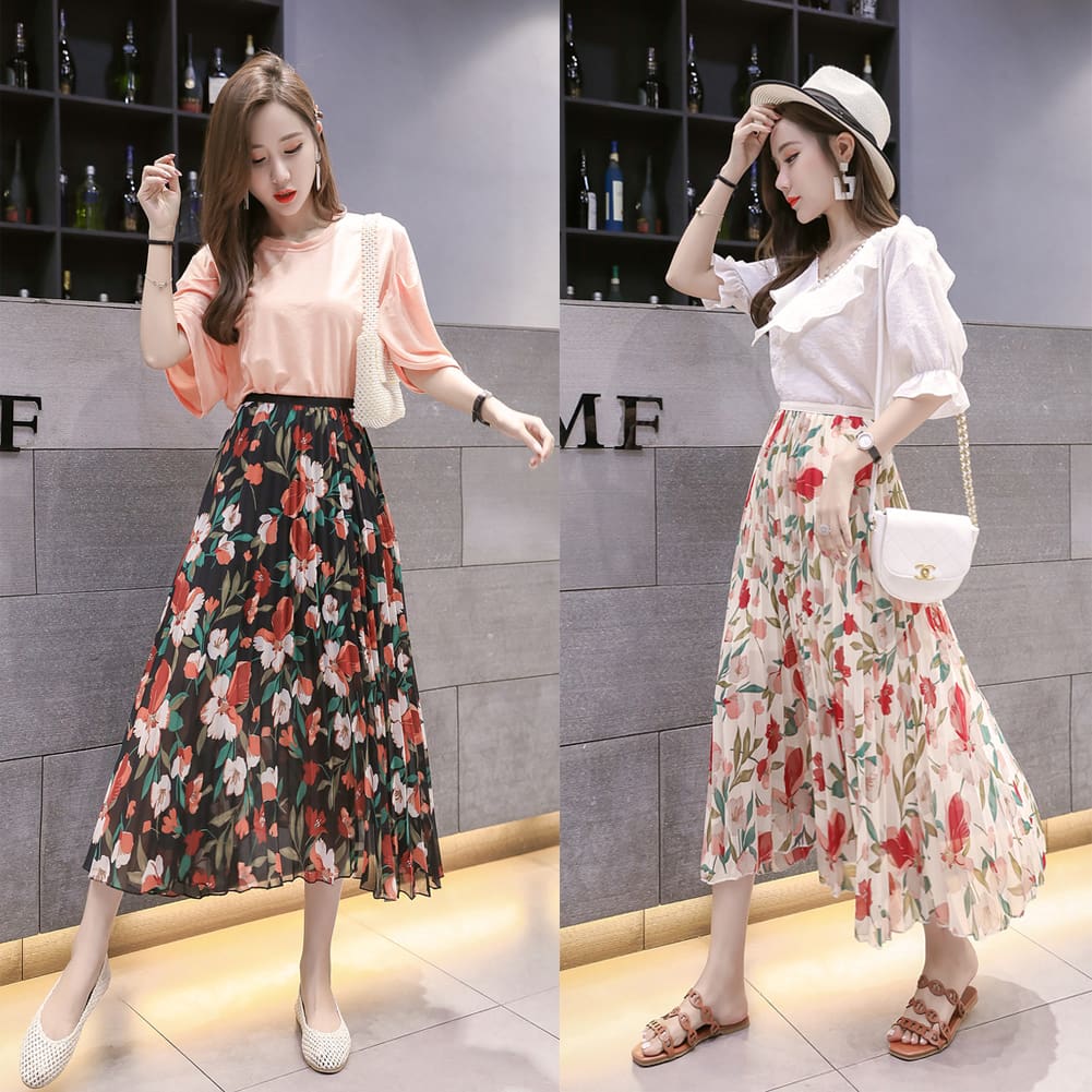 2019 Fashion Women Floral Pleated Boho Midi Skirt High Waist Ladies Casual Summer Party Cocktail Wrap Skirt Sundress