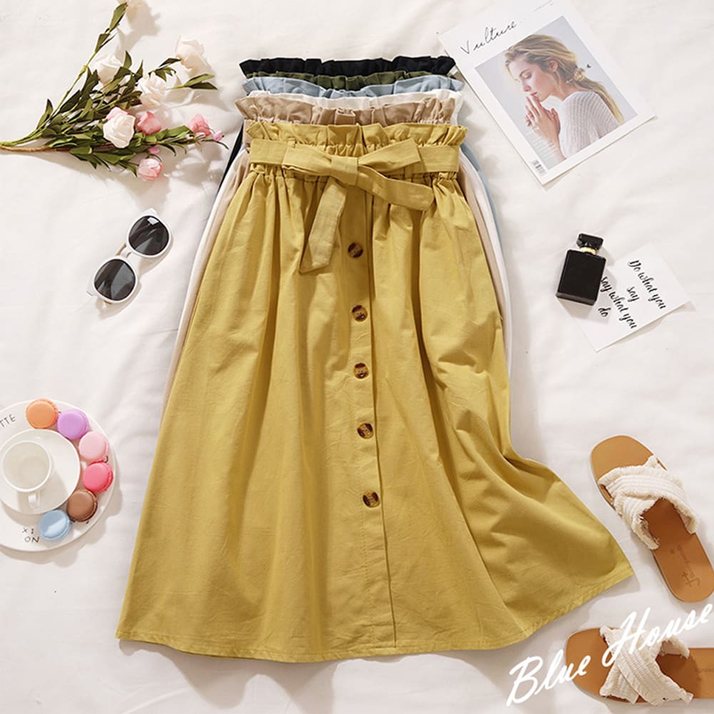 Fashion A-Line Skirt Women Casual Elastic High Waist Loose Summer OL Ladies Pocket Button Midi Long Skirt