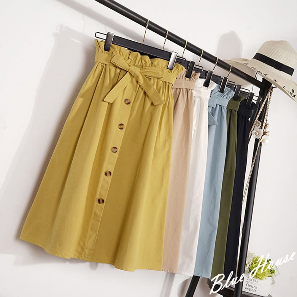 Fashion A-Line Skirt Women Casual Elastic High Waist Loose Summer OL Ladies Pocket Button Midi Long Skirt