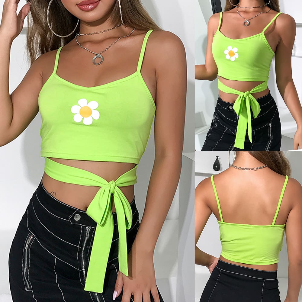 Summer Women Vest Top Sleeveless Bandage Flower Tank Crop Tops Solid Casual Bustier Bralette Tops Blouse New