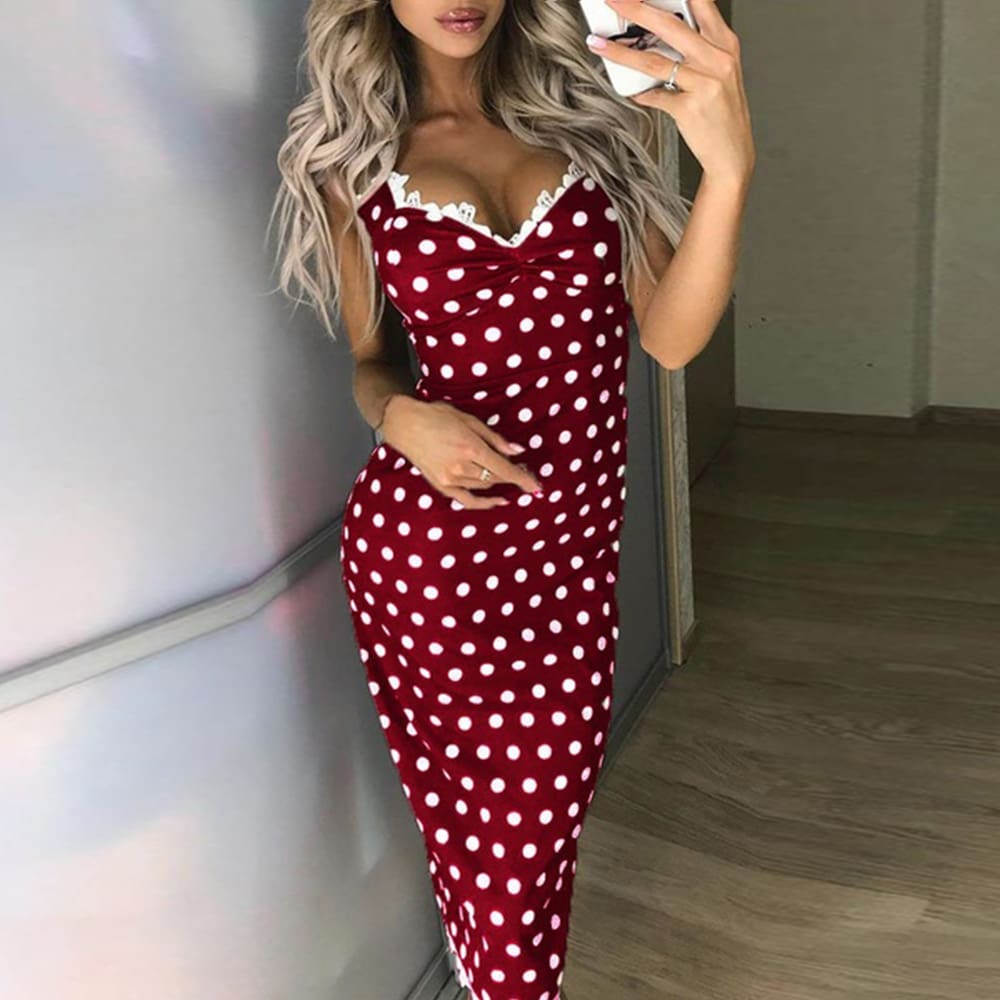 Women Polka Dots Strappy Bodycon Maxi Long Dress Summer Ladies V Neck Casual Party Slim Fit Beach Sundress