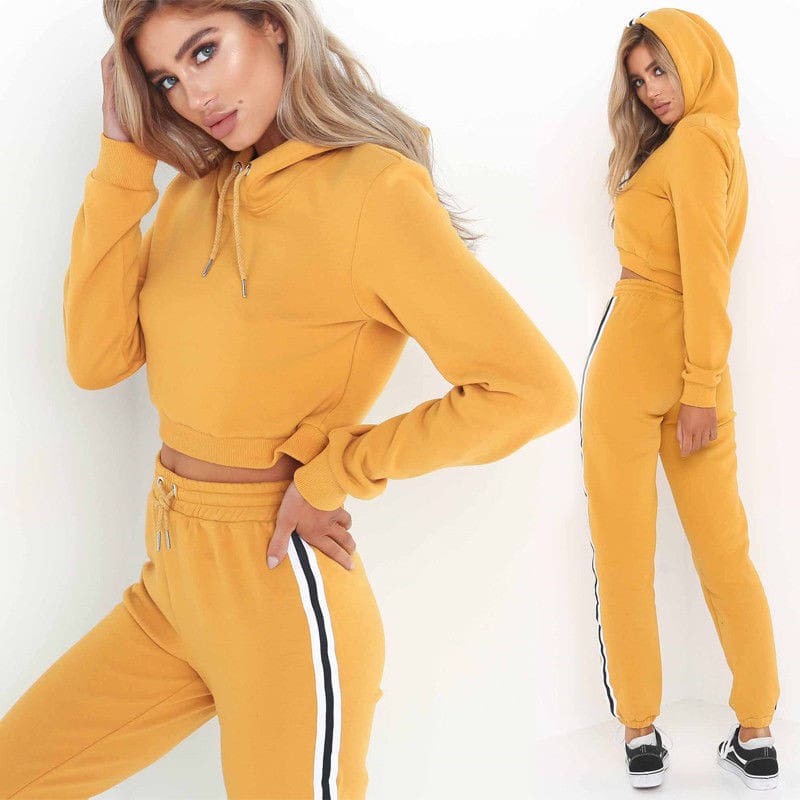 Tracksuit 2pcs Women Set Hoodies Crop Top Sweatshirt+Side Stripe Pants Hooded 2 Pieces Sets Women Autumn Clothing Suits Female